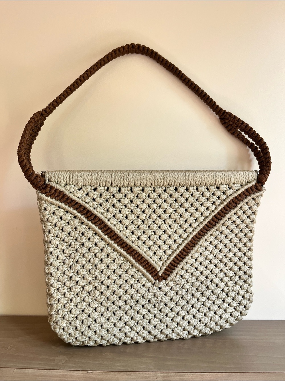 Vintage Handmade Cream and Brown Crochet Shoulder Bag
